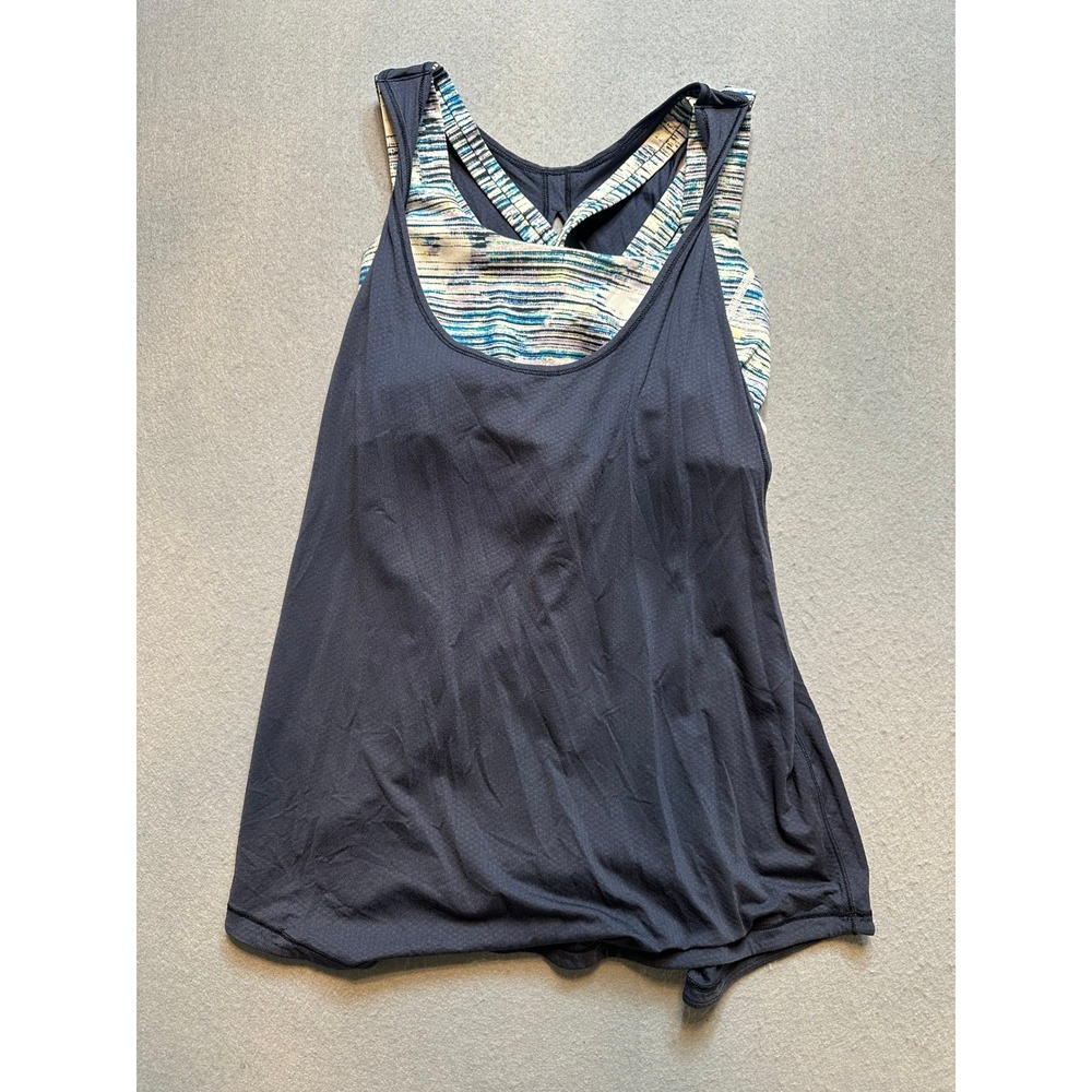 Athleta 2-in-1 Tank Top Built-in Sports Bra Navy Blue Space Dye Strappy Back-113
